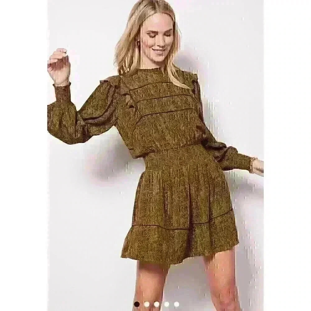 💥Rails Women's  Faren  Sepia Python Long Sleeve Cute Smocked Mini Dress Sz M DC2